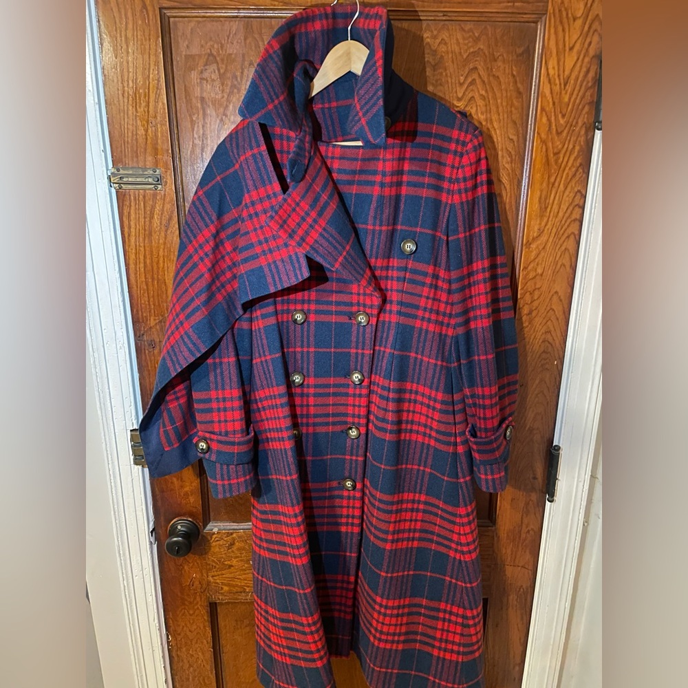 RARE Statement Plaid Coat w Detachable Cape, Anna October XL heavy felt